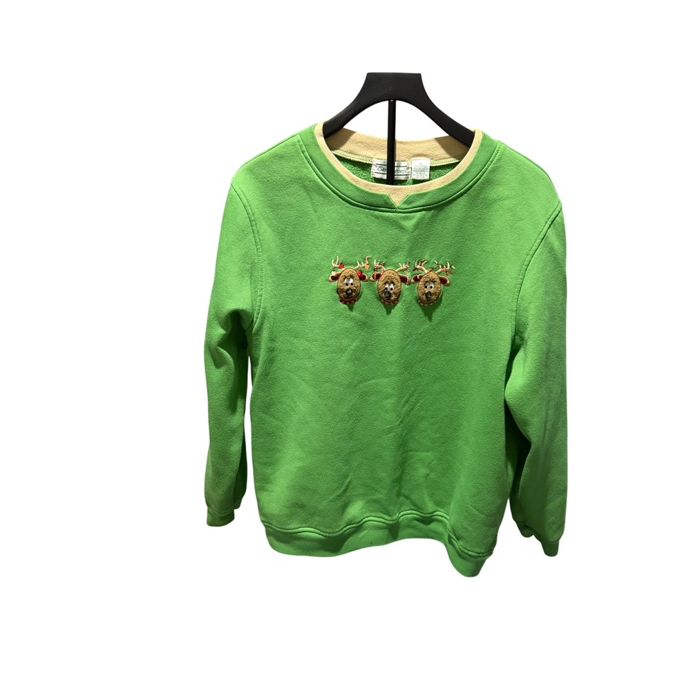 Shenanigans Vintage Reindeer Christmas Sweatshirt Green XL Embroidered Holiday
